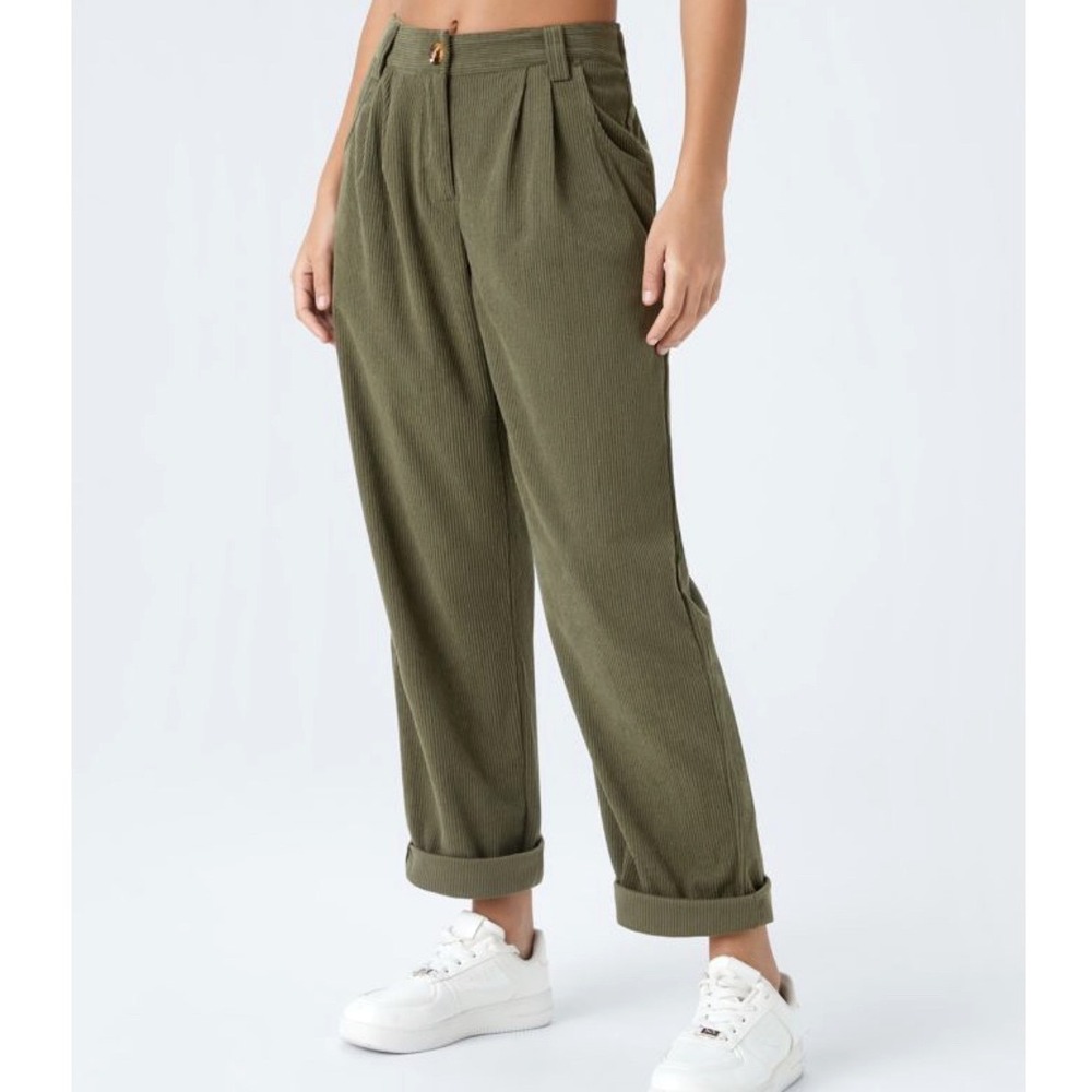 Halara Olive Green Corduroy Ribbed Wide Leg Pants XL Elastic‎ Back Waist Pocket